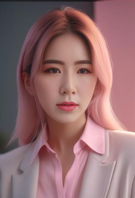 Beautiful woman, soft lighting, ethereal, high detail, portrait, elegant, delicate features, pastel colors, emotional expression, masterpiece, 8k resolution, Extremely high-resolution details, photographic, realism pushed to extreme, fine texture, incredibly lifelike, looking at viewer, solo focus, realistic, photorealistic, 1girl, standing, high_heels, black suit, pink shirt, big breast, upper body, indoors,