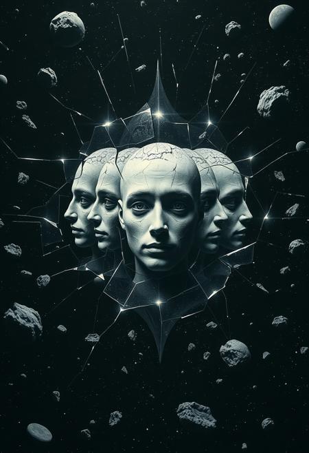 - A shattered mirror in space reflecting multiple versions of the same human face as planets/hybrids, floating through an asteroid field
- Influenced by the works of Magritte & Dali
- Dreamlike chiaroscuro lighting and shattered symmetry