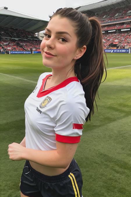 carlaH1 dressed as a soccer player, background soccer field, 8k, ultra high def, masterpiece
