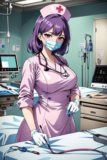 ((masterpiece, best quality,lower_body)), operating table,medical monitors,hospital bed,  <lora:surgical_nurse_v1:0.8> (surgical_nurse_v1.0, nurse cap, nurse, latex, stethoscope, latex gloves, surgical mask,long dress), <lora:kagura mikazuchi-lora-nochekaiser:0.7> (kagura mikazuchi, purple hair, brown eyes),