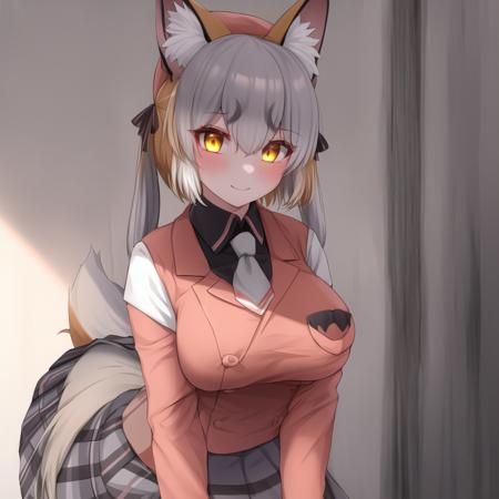 shimahai, 1girl, ((solo)), animal ears, virtual youtuber, short hair, fox girl, fox ears, fox tail, gray gloves, gray pleated skirt, white necktie, twintails, black undershirt, grey hair, orange hair, red blazer, white loafers, red beret, yellow eyes, microphone, long sleeves, fur trim, black belt, bangs, hair between eyes, orange legwear, two-tone hair, black hair ribbon, frilled skirt, sidelocks, breast pocket, detailed shading, detailed ambient light, detailed shading, detailed ambient light