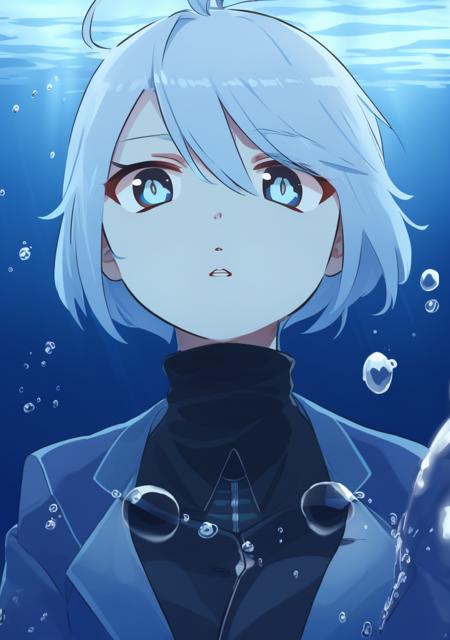 solo, blue eyes, blue hair, 1girl, looking at viewer, ahoge, parted lips, upper body, short hair, hair between eyes, jacket, turtleneck, bangs, buttons, bubble, underwater, shirt, blue jacket, black shirt, air bubble, double-breasted, antenna hair, blue background, bright pupils, long sleeves, blue theme, water, <lora:xinzoruo-05:1>