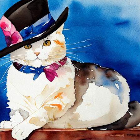 masterpiece, best quality, 1cat, solo, tophat, (a watercolor painting)<lora:MINT_ArtistToolLORA_v1:1.0> <lora:ANIMAL_cat_20230627113759:0.3>