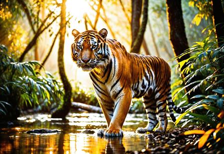A powerful Bengal tiger moves gracefully through the dense jungle, its muscular body bathed in the warm, golden light of sunrise. Dew-covered leaves glisten as the first rays of sunlight filter through the towering trees, casting long shadows across the forest floor. The tiger’s vibrant orange coat, marked with bold black stripes, contrasts beautifully against the lush greenery. Its piercing amber eyes reflect both curiosity and dominance as it pauses near a shallow stream, the water shimmering with hints of morning light. A gentle mist lingers in the air, adding a mystical touch to this breathtakingly realistic scene, capturing the essence of the tiger’s wild and untamed spirit.