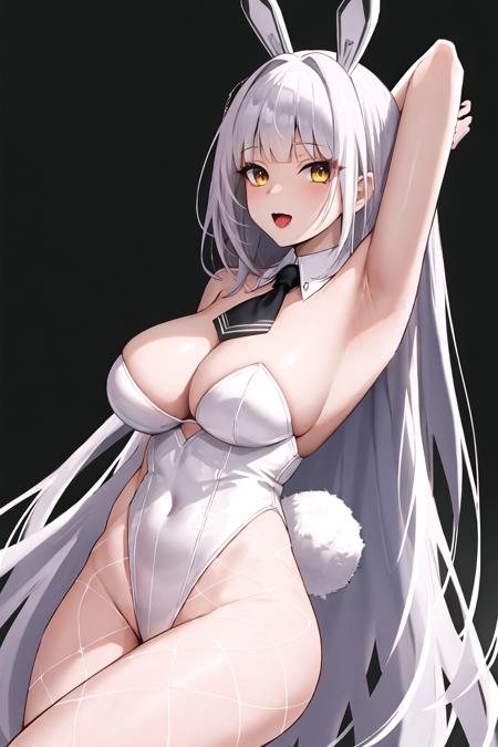 1girl, solo, animal ears, playboy bunny, leotard, white leotard, rabbit ears, tail, long hair, necktie, armpits, rabbit tail, yellow eyes, detached collar, arm up, white hair, white pantyhose, strapless, huge breasts, fishnets, open mouth, looking at viewer, white background, strapless leotard, black necktie, very long hair,shiny,shiny skin,mature female,milf,navel,blanc \(nikke\)