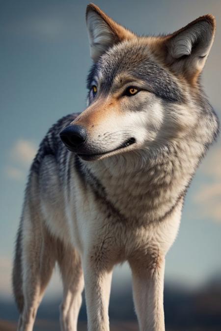 long shot scenic professional photograph of a wolf. A light pastel background with gentle curves enhances the scene. A detailed 3D rendering capturing warm lighting, soft shadows, and fuzzy texture, perfect viewpoint, highly detailed, wide-angle lens, hyper realistic, with dramatic sky, polarizing filter, natural lighting, vivid colors, everything in sharp focus, HDR, UHD, 64K