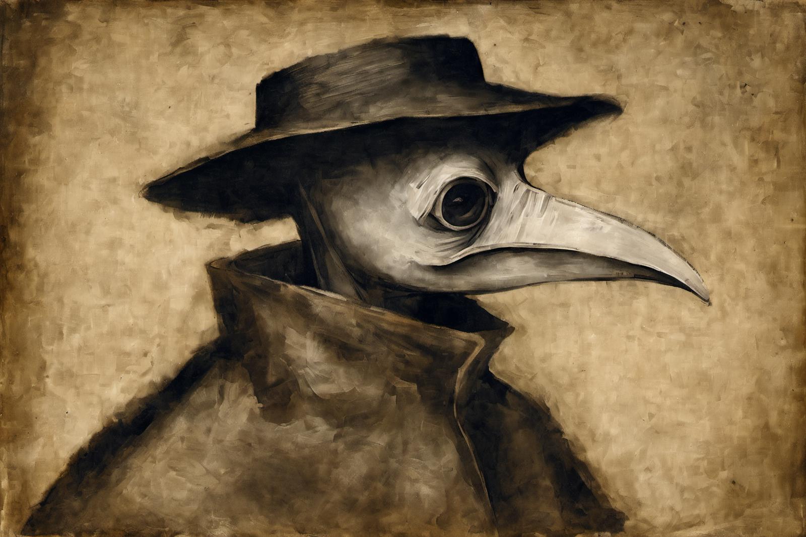 A painting of a bird with a hat and coat on, looking to the side.