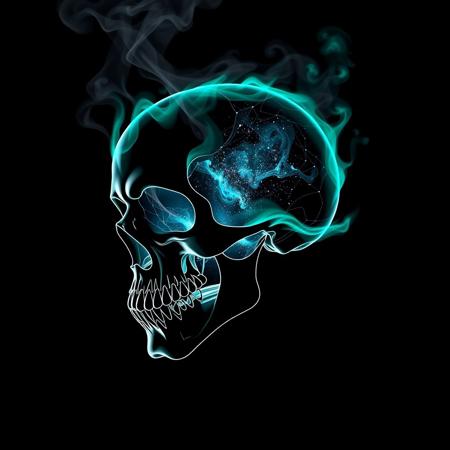 Cybernetic Skull, black background, slhouette black and white outline, skull made of smoke, neon teal_flames, pov sideview, smoke rises from back of skull, whole Galaxy in skull, mouth open pouring out Galaxy in a liquid form, Galaxy coming from open mouth of skull