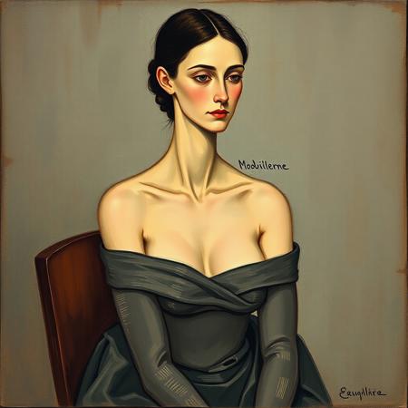 A detailed oil painting-style portrait of Jeanne Hébuterne by Amedeo Modigliani, featuring her signature elongated neck and face. She is seated gracefully, wearing a simple garment that exposes her shoulders, conveying a sense of elegance and vulnerability. The background is a muted, textured shade to emphasize her figure and the artist's characteristic style. The composition reflects the subtle melancholy and intimacy typical of Modigliani's works.