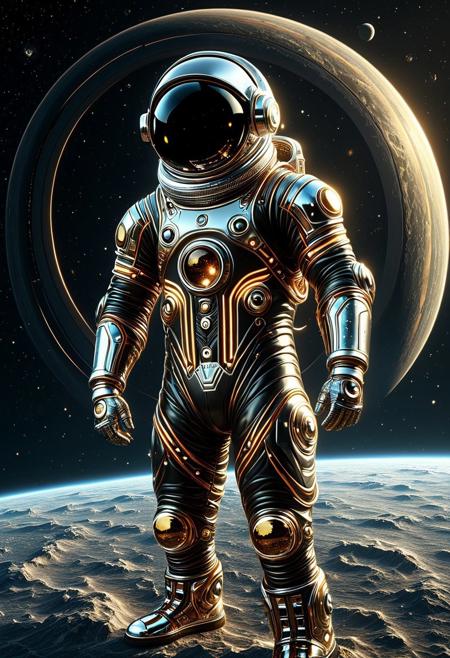 RetroBG, Retro futuristic spacesuit in orbit above a ringed planet, cosmic scene 
,glowing, magicNpolished, light,
very detailed, amazing quality, intricate, cinematic light, highly detail, beautiful, surreal, dramatic,