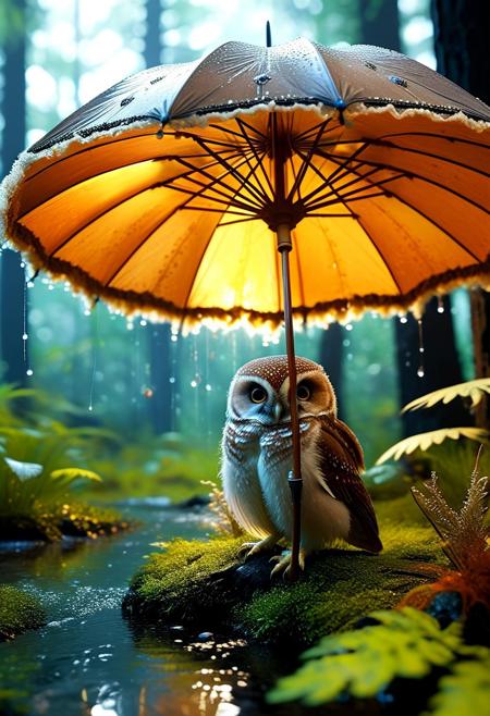 In the hushed stillness of a temperate forest awash in silken rainfall, a diminutive avian ambassador presides regally amidst the undergrowth. Sheltering beneath the flared umbrella of a burnished russet agaricus, the petite owlet surveys its aqueous kingdom with a gaze equal parts wise and winsome. Downy plumage of tawny and ivory hues ruffles subtly in the breeze-borne kisses of precipitation, each filament dewdrop-laden and luminous. Gossamer wisps of vapor curl sensually around the fungal pedestal, softening edges and lending an ethereal nimbus to the tableau. Beyond the immediate sanctuary, the woodland murmurs with the susurrus of falling water, leaves and needles acting as thousands of percussive instruments in a symphony composed by the elements themselves.
made of Wool, 
(no-human), 
3d-rendering, concept-art, digital, dreaminess, futuristic, multimedia, virtual-reality, 
eeriness, fantasy, other-worldliness, science-fiction, surreal, 
colorful, sci-fi style, technological, alien worlds, space themes, advanced civilizations, 
best quality, masterpiece, aesthetic, intricate details, highly detailed, ultra-detailed, absurdres, unreal engine, octane rendering, high contrast, vivid, vibrant, volumetric lighting, sharp focus, 
ObsidianSand