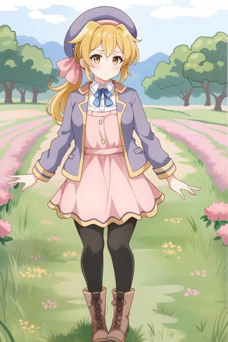 1girl,eleanor,standing,full body,expressionless,pink dress,purple jacket,hat,beret,ribbon,ponytail,neck ribbon,black pantyhose,boots,in field outdoors, <lora:EleanorV2:0.8>, <lora:LORA-XenoDetailer-v2:0.1>