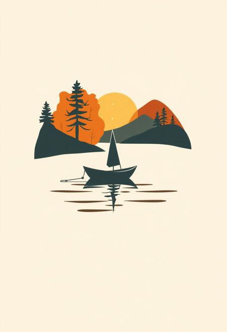 A logo inspired by warm autumn colors, geometric shapes, and clean lines. The logo features a boat on water at summer's end, in the style of Pascal Campion, with earthy and cozy aesthetics, focusing on balance, symmetry, and visual clarity.