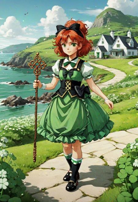 1girl, (mahou shoujo, magical girl:1.5), full body, wavy ginger red hair, bow, green dress, (4 leaves clover, celtic knots:1.2), black belt, black shoes, green bowtie, holding brass magical staff with green crystal, black and white stripe socks, green hat, detailed meadow rock seaside town background, natural dim lighting, Genshin Impact Style, idol dress, 1girl, 80s, anime, anizont,