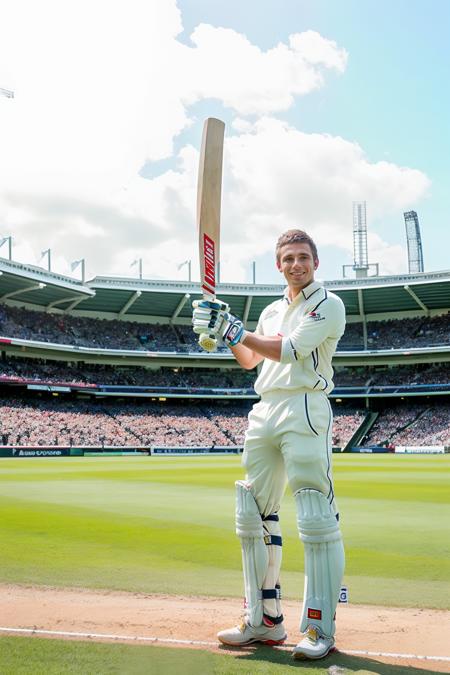 Lord's Cricket Ground, London, grass field, standing, smiling, DaneDekota wearing a cricket whites uniform, white trousers, white shirt, white wool jumper, cricket batting pads, leg guards, ((holding a cricket bat)), (((full body portrait))), wide angle  <lora:DaneDekota:0.8>