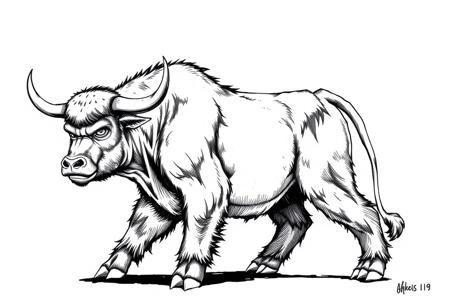 fantasy, ink art, comic style art, bull is standing with four feet, front orangutan's feet has 3 claws, muscular , looking at viewer, half side view