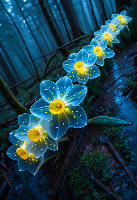 bioluminescent (glowing:1.2) daffodil, forest, (rainbow colors:1.2), from above, medium full shot, drizzle, morning
<lora:Glowing_Nature-000001:1.1>
<lora:add-detail-xl:1.4>