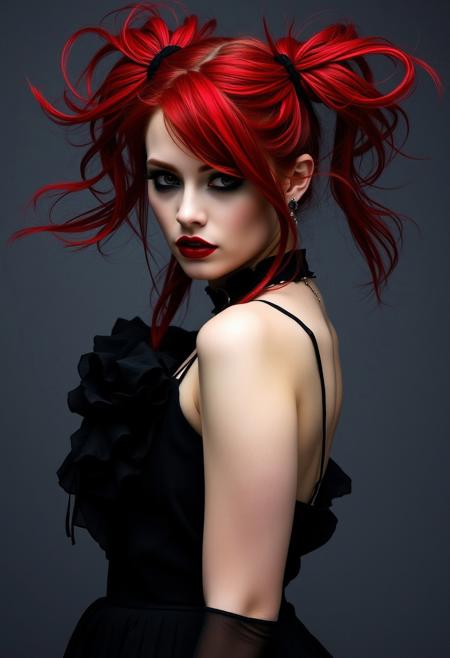 A stunning 25-year-old woman with flowing red hair styled in twin loose high pigtails, exudes a dark, gothic aesthetic. Her pale skin is contrasted by dramatic dark eye makeup, smudged black eyeliner, and a deep, matte lipstick. She wears a flowing, elegant gothic dress that accentuates her curves. With a sensual yet dominant gaze, she steps forward, inviting the viewer into her world of darkness and allure.