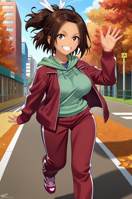 hazakura, brown hair, short ponytail, short hair, brown eyes, tan, large breasts hair ribbon, red jacket, green hoodie, track pants, red pants hair ribbon, dark blue coat, fur trim, cleavage, dark blue shirt, belt, dark blue skirt hair ribbon, red jacket, blue one-piece swimsuit