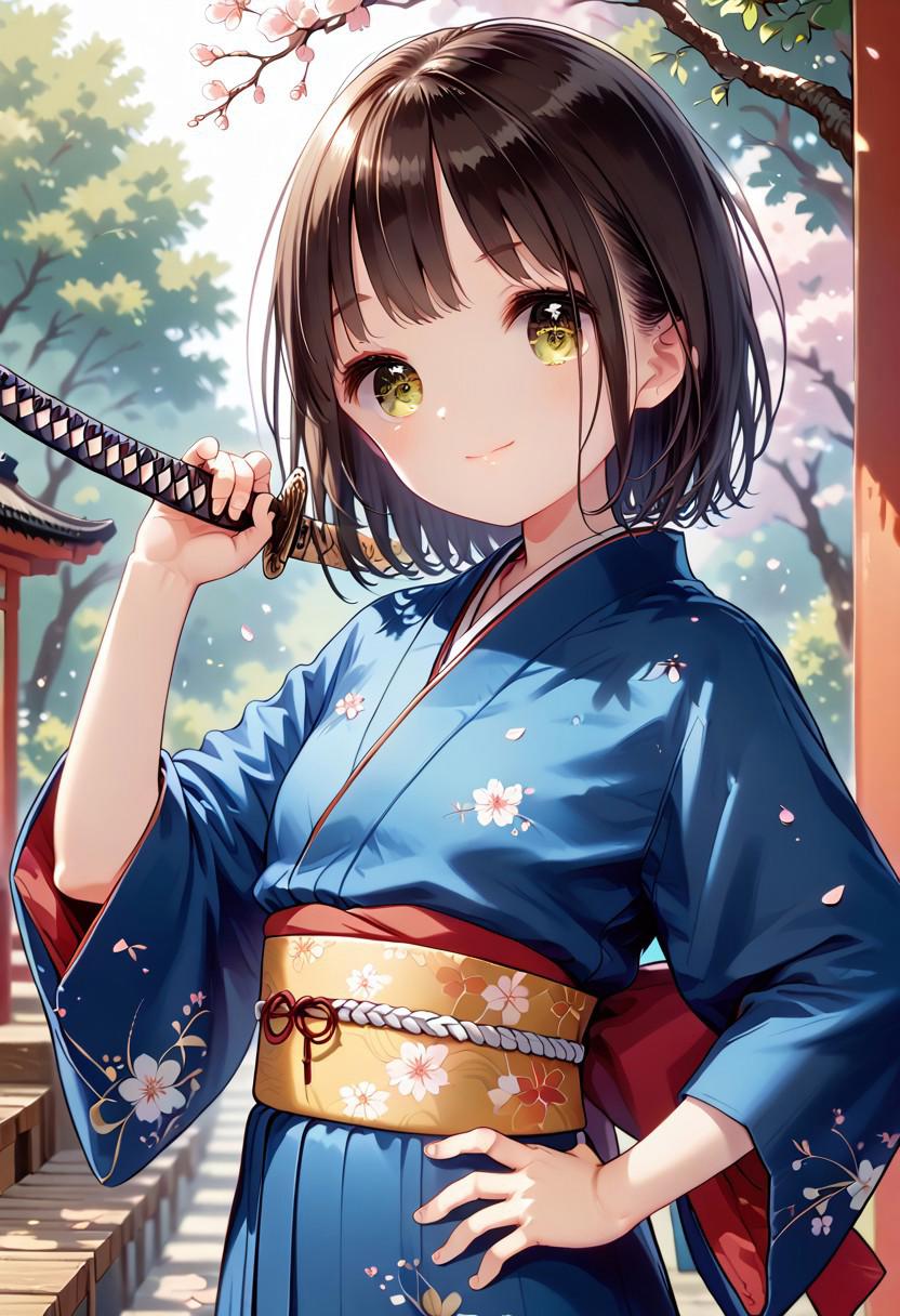 score_9, score_8_up, score_7_up, 1girl, YukiuCP, masterpiece, best quality, ultra high res, smiling, happy, (detailed eyes:1.2), 1girl, solo, japanese clothes, short hair, weapon, sword, brown eyes, looking at viewer, kimono, brown hair, lips, hand on hip, sheath, smile, katana, black hair, upper body, closed mouth, sheathed, hand up  <lora:nobu-1:1>