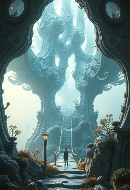 Seeking Peace From Worldly Endeavors,
surreal minimalism, dreamlike landscapes, architectural fantasy, intricate details, mystical atmosphere, soft lighting, futuristic organic forms, imaginative structures, cinematic compositions, ethereal textures, nature-inspired surrealism, grand scale, immersive depth, visionary design, whimsical storytelling