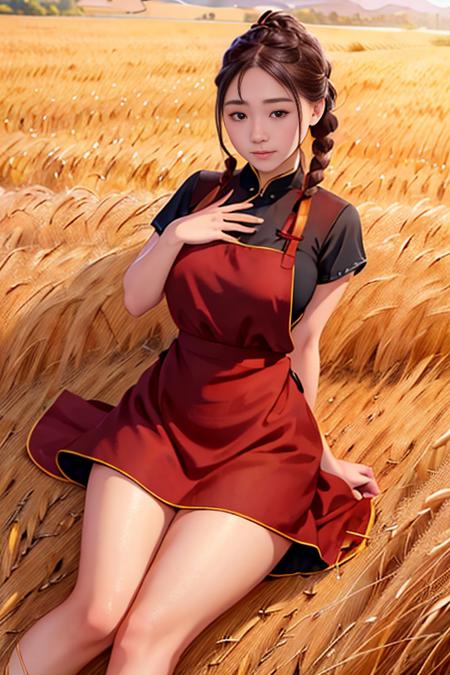 <(realistic:1.3), intricate details>, 1girl,full body,legs,wheat field,  braided bangs,braided ponytail,(solo:1.2),apron,thick thighs,side-tie panties, balck hair, 16yo,(on back:1.2),(cungu:1.2) ,<lora:cungu:1> ,red dress