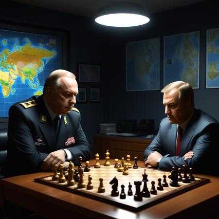 masterpiece,(cartoon style), <lora:CartoonStyle_Hap_XL:1.6>, Igor Nikolaevich Komarov, former space pirate turned Minister of Defense, strategizing over a chessboard with pieces that double as miniature spacecraft, military personnel observing with keen interest, in a dimly-lit office room reminiscent of a command center, shadows casting dramatic effects on the walls adorned with maps and futuristic interfaces, ambient light reflecting off the polished metal of chess pieces, photorealistic, ultraï¼gta iv style graphicsï¼Gta 3 graphicsï¼