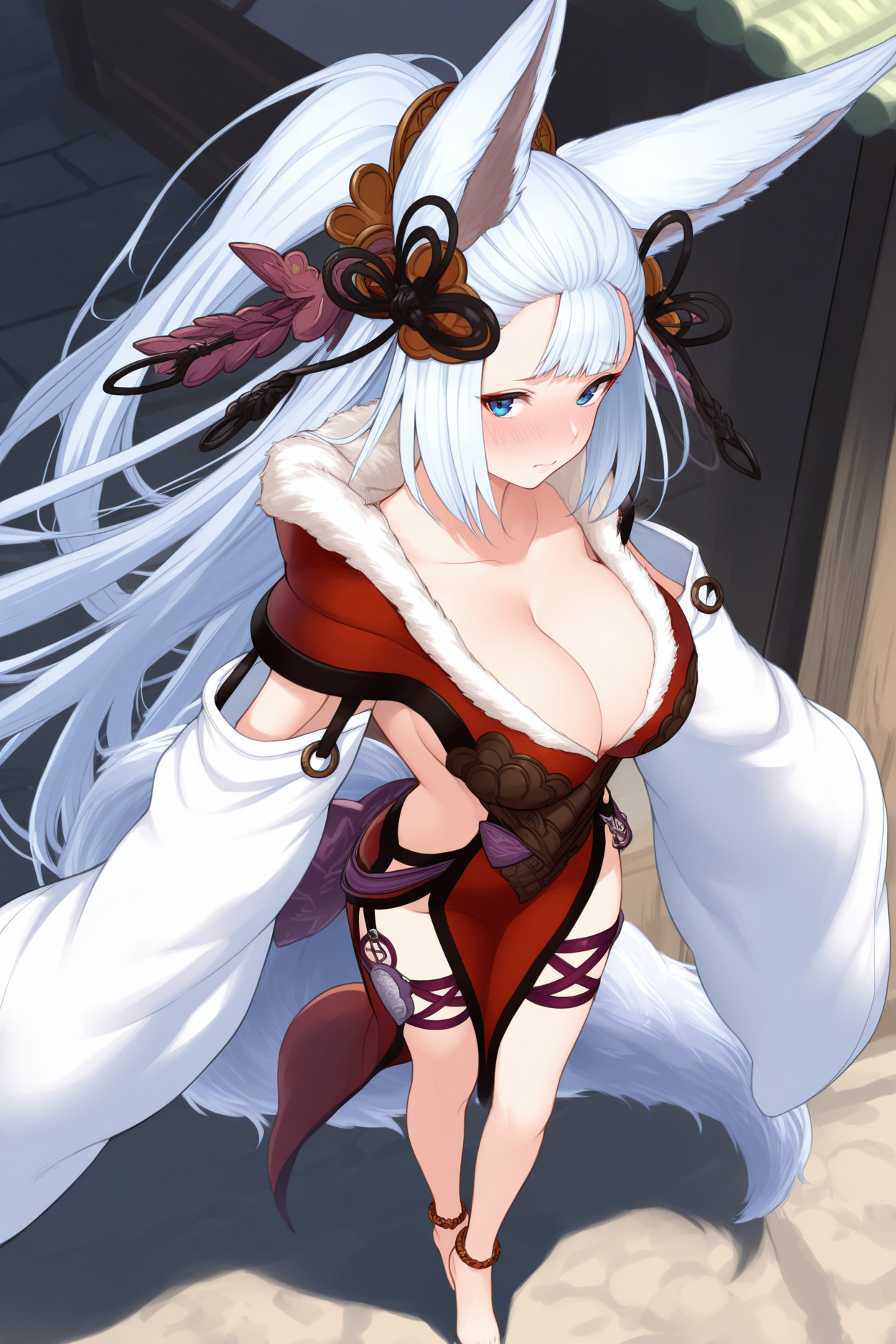 A high angle shot of a woman with blue eyes, long white hair, and a shy, blushing expression looking up at the viewer. She has large, white fox-like ears and tails and is wearing an elaborate fantasy dress consisting of a red, fur-trimmed top with a plunging neckline, very long detached white sleeves, and purple straps on her thighs. The background consists of the exterior of a traditional wooden building.