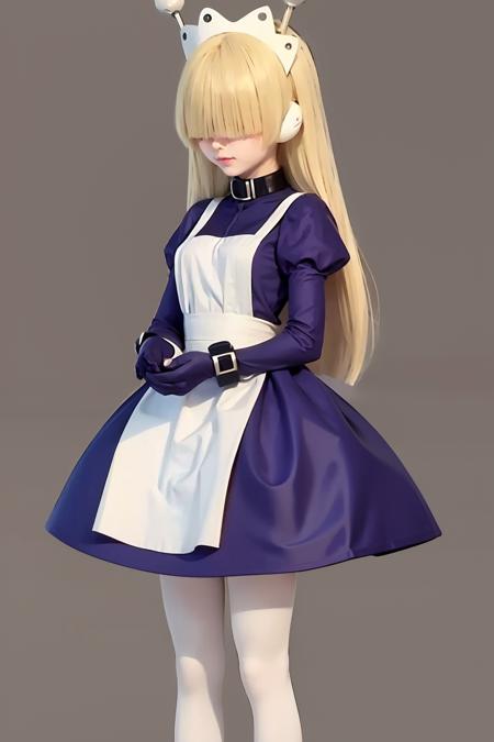 masterpiece, best quality,  <lora:TesseLombrozo:1>,1girl, solo, hair over eyes, blonde hair, long hair, maid, pantyhose,  simple background, apron, white background, full body, long sleeves, maid headdress, white pantyhose, oekaki, robot ears, dress, bangs, blunt bangs