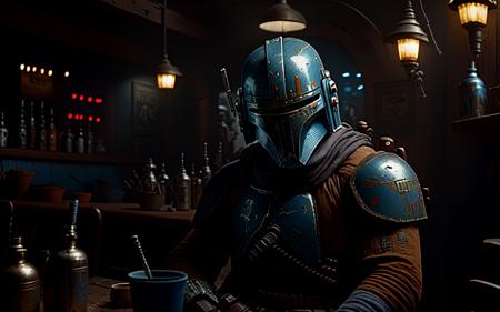 cinematic wallpaper of Jango Fett sitting in an old western cantina, film grain, gritty, soft focus, well-lit, cinematic lighting, cinematic movie still frame