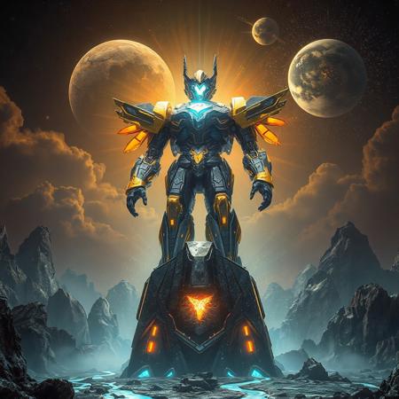 "Epic 3D render of Super Quantal Mech King Great Magnus, a towering mechanoid with obsidian-black armor plates edged in radiant gold, crowned by a polished tungsten-steel head glowing with azure energy visor. Standing in a commanding pose atop a floating monolith on Primeval Planet Perlereino, its stance radiates power as crystalline energy surges from its reactor core. The alien world features colossal bioluminescent geodes, rivers of liquid mercury, and a nebula-streaked sky with twin collapsing stars. Dramatic low-angle shot using Unreal Engine 5 ray tracing, Octane Render hyper-textures, and Raphael-style chiaroscuro lighting. Metallic surfaces reflect holographic storm clouds, while splash ink effects on the terrain blend with Houdini-style particle simulations. 8K resolution, ArtStation-trending composition, golden ratio framing, dominated by solar yellow and void black with chromatic sci-fi accents."