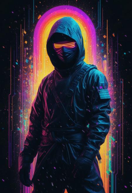 Illuminated ninja in the style of golden glitched rainbow. Snow is falling as holographic colored baroque geometric patterns float around the canvas in the style of colorful digital art. The image has a cyberpunk aesthetic with a glitchy distortion and psychedelic color palette. Black background, neon lights, glitch art, surrealism, high contrast, vibrant colors, psychedelic patterns, ethereal glow. The overall mood should be one of spiritual contemplation and otherworldly beauty. It's like something in the style of science fiction.