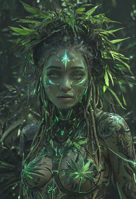 (futuristic cyber shaman), (glowing green dreadlocks), (holographic cannabis leaves), (bioluminescent forest), (ultra-detailed circuit tattoos), (spiritual tech aura), (neon tribal patterns), (420futurism)