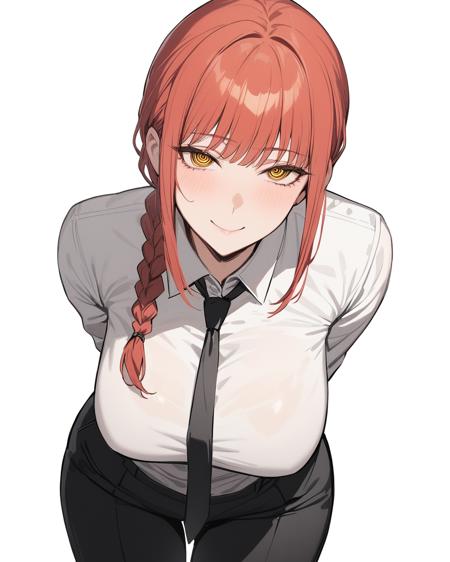 <lora:makima_lokr_sdxl_1200:1>, 1girl, solo, long hair, breasts, looking at viewer, smile, bangs, large breasts, simple background, shirt, long sleeves, white background, closed mouth, yellow eyes, white shirt, braid, sidelocks, red hair, necktie, collared shirt, pants, leaning forward, arms behind back, black pants, formal, black necktie, braided ponytail, ringed eyes
,  masterpiece, best quality