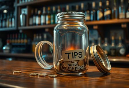 realistic, hyper realistic masterpiece photography, Canon R8, short focal length, 35mm, best quality, 4K,, 8k UHD, ultra-high resolution, ultra-high definition, highres, in a medieval pub, on a wooden countertop, a large open clear mason jar with the lid sitting upside-down next to it, a few gold coins with an orange glow are inside the jar, blurry background with bottles and flasks on shelves, there are 2 labels on the jar, the top label reads "TIPS", the bottom label reads "buzz for the poor", (orange and teal color grading:0.8), subtle colors,
