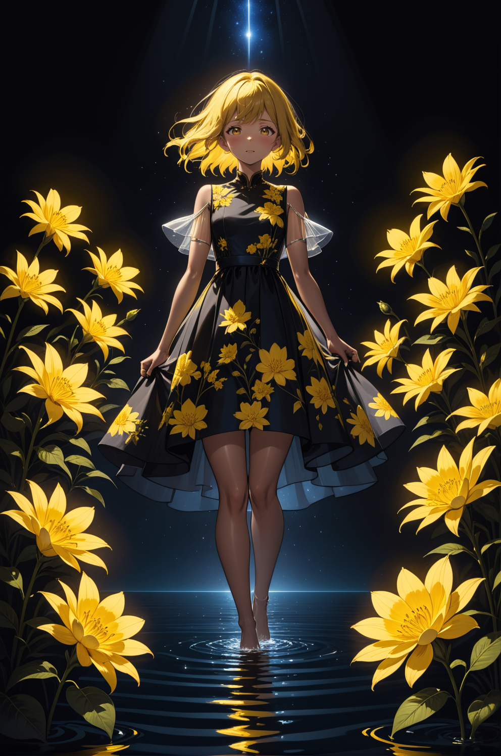 flowers, water dress, (black background:1.5), best illumination, (extremely detailed hyperrealistic masterpiece), night sk...