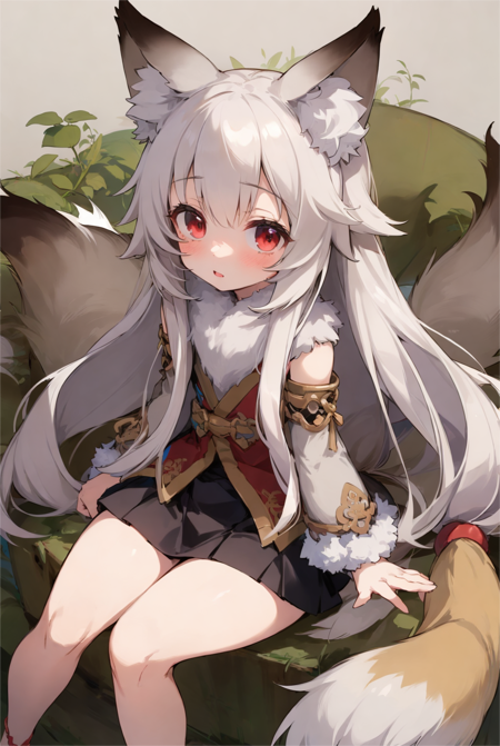 (Petite)1girl,red eyes,fox ears,fox tail, animal ear fluff, white hair, black skirt,white fur trim