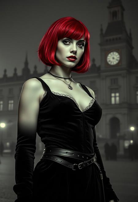 A black and white aged photograph from 1915 of 35 year old Female vampire 1500s fashion, muscular , pale light greenish skin , very beautiful , busty , wearing velour pantsuit . Red eyes , leather belts with a rapier , bright red hair in a bob hairstyle , in front of the house of parliament UK  night and foggy
