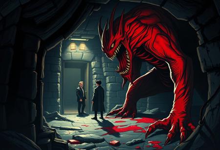 "Create a highly detailed, hyper-realistic digital painting in the style of Batman comics and Studio Ghibli films, incorporating the golden ratio and micro details. The scene features a dark red, slimy monster named Kingpin in a dimly lit basement, with teen titans and a shadow cast from a dark corridor. Use vibrant colors, cinematic lighting, and sharp focus to emphasize the intricate textures and illustrative elements, akin to the work of artists like Alphonse Mucha, Makoto Shinkai, Hideaki Anno, Geoffroy Thoorens, and Wlop, in 8K resolution."