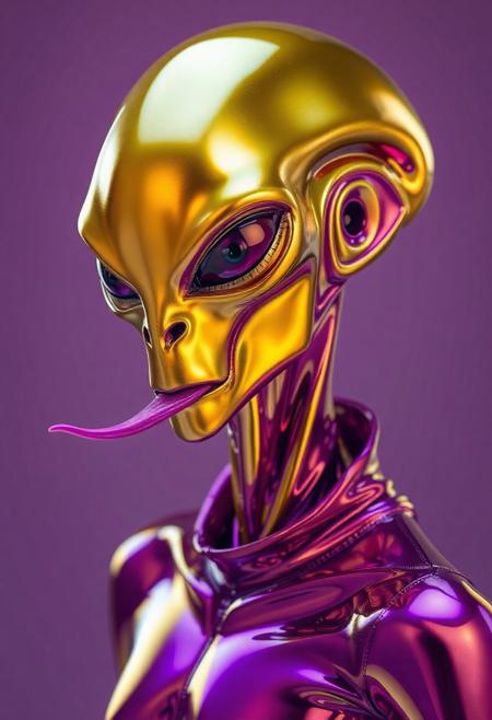 abstract male alien model in latex shiny full body outfit  avant-garde style with reflective gold and purple bold Color Scheme   He has a small nose and slim mouth with a long tongue