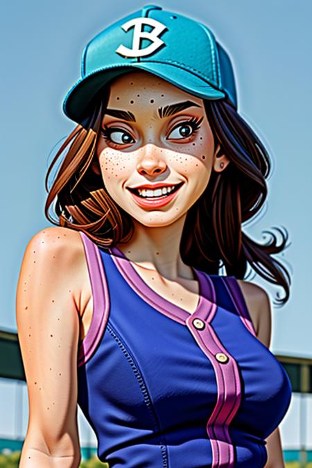 <lora:Wolvie_r1lee_v1.1:1> r1l33,1girl, brown eyes, brown hair, smile, ((dental braces on teeth)), braces, freckles, (masterpiece:1.3),(best quality:1.3),8k, highestres, absurdres, perfect composition, delicate, realistic proportions, ultra sharp, beautiful, stunning beauty, beautiful detailed eyes, textured skin, perfect face, Canon50,  perfect shadows, medium breasts, solo focus, jewelry, suitable for work, baseball uniform, glasses, baseball cap, baseball field, outdoors