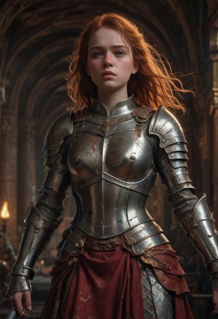 High resolution ultra-realistic of Beautiful Sadie Sink as Warrior Joan of Arc, 8k, capturing the intensity of the moment, cinematic lighting, standing on a bloody and stormy battlefield in bloody battle, wavy black hair, realistic dirty pale face, realistic brown eyes,  beautiful hourglass figure, burning in a medieval Town, intricately designed iron and silver armor, red mini skirt, Dark Ages Aesthetic, perfect athletic figure, beautiful Warrior Joan of Arc, fire, ultra realistic, cinematic style, vigorous and seductive, athletic figure, dark fantasy, dramatic lighting, wet and sweaty skin, dirty skin, athletic figure, dark fantasy, dramatic lighting, Greg Rutkowski style,, Warrior Joan of Arc on in iron armor, hyper-detailed, hyper-realistic, bright colours, Attractive 21 old years girl, Attractive, beautiful firm Breasts, sharp focus, digital painting, Photograph Taken on Nikon D750, Alphonse Mucha, 8K, athletic figure, Hyperdetailed, hyperrealism, Attractive, Attractive bust girl, asymmetric balance