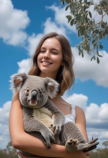 Woman with a koala in her arms, Eucalystus forest background, blue sky and cumulus cloud, very realistic photography