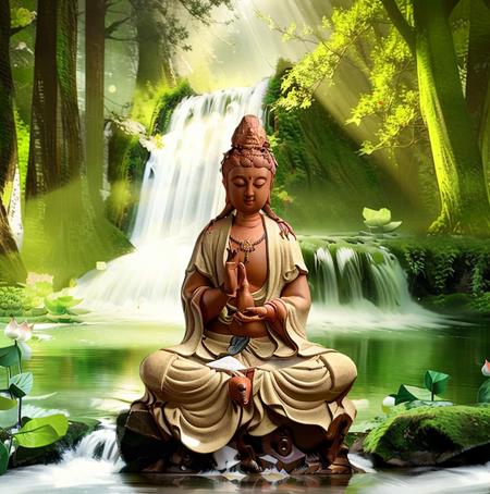 Guanyin sitting on a lotus flower seat, Guanyin Bodhisattva, Avalokitesvara, Chinese temples scattered in the forest not far away,   waterfall cascading into a lake or stream in the background, mountains and briliant small lake in the background, Lotus in the foreground, Clear and distinct fingers, clear and distinct toes, clear and distinct facial features,jewelry, leaf, lily flower, lily_pad, necklace, plant, solo, chinese temple, path, cherry blossom, sharp focus, the sun's rays, sparkly ripples, wind ripples, hyper hight detailed, real photo, intricate details, perfect composition, beautiful detailed intricate, 8 k photography, photorealistic, masterpiece, Photo-realistic, Image enhancement,Image post-processing,Image retouching