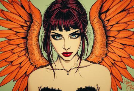 “A hauntingly beautiful fallen angel rendered in masterful ink technique on textured sepia paper, every stroke meticulously detailed with photorealistic precision. Her intense blue eyes pierce directly through the viewer, framed by soft burgundy hair with delicate bangs and smoldering dark eyeshadow. Deep crimson lips contrast against her ethereal features, while a modern crop-top adds an urban edge to her otherworldly presence. Magnificent orange-feathered wings spread behind her, each feather individually detailed with intricate ink work, while dramatic directional lighting casts compelling shadows across her form. The piece combines ethereal linework, gothic sensibilities, and detailed ink mastery, with ink splashes and drips adding organic texture to the composition while maintaining photorealistic precision in the central figure. Background is pastel green.”