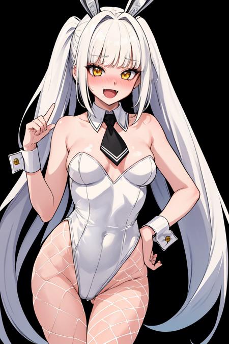 masterpiece, best quality, 1girl, solo, <lora:blanc-nikke-richy-v1:1> blanc, playboy bunny, white leotard, short necktie, detached collar, wrist cuffs, fishnets, fake animal ears, very long hair, skinny, standing, looking at viewer, :d, skin fang, nose blush, black background