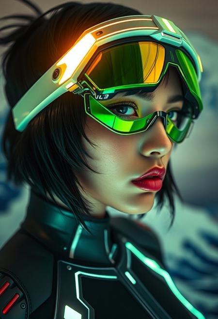 NSFW, (Soft Lighting Photography by Mimoza Veliu and Mario Giacomelli:1.2),, sexy,A hyper-realistic close-up portrait of a young woman with shoulder-length black hair styled in edgy, futuristic layers, adorned with glowing tips. She wears mecha eyewear with a neon green visor that transitions into iridescent shades of teal and gold. The frame is sleek, with angular edges and fine mechanical detailing. Her expression is fierce and confident, with flawless skin highlighted by the neon reflections. She wears a high-tech bodysuit with integrated LED lines and metallic panels. The background depicts a hazy rendition of The Great Wave off Kanagawa by Hokusai, its powerful waves blending seamlessly with the neon tones, amplifying her intense, defiant aura.