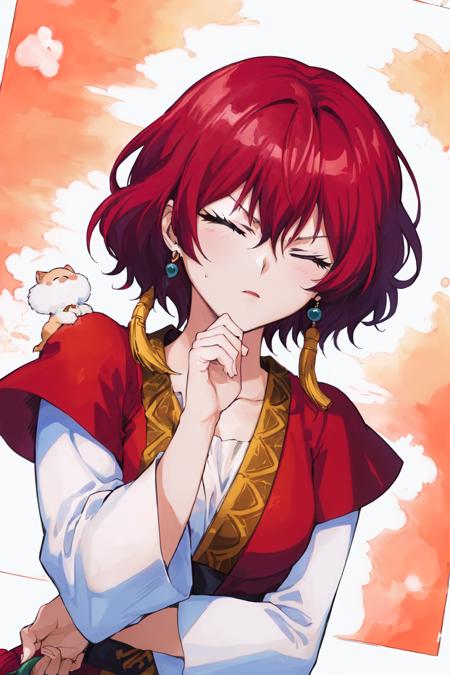 (highres), Manga, ((masterpiece, best quality:1.3), <lora:YONA1.75>,traditional media, yona1, solo, upper body, tanling ruqun, banbi, hand on own chin, serious, closed mouth, arm under breasts, tassel earrings, animal on shoulder, looking down, closed eyes, open mouth, 2d