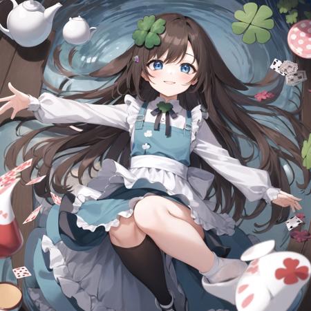 masterpiece, best quality,<lora:Kiki-DICE:1>  1girl, Kiki, (four-leaf clover hairclip:1.2), (ears:1.2), brown hair, long hair, tea party, surreal, whimsical, fantasy, Alice in Wonderland, oversized teacups, peculiar props, floating objects, eccentric characters, surreal costumes, psychedelic patterns, checkerboard floor, smile, looking at viewer, good anatomy, highres, extremely detailed, flower, teapots, playing card, blue dress, pinafore, apron, knee-length socks, Mary Jane shoes, bow headband, fantasy attire, leaning back, outstretched arms