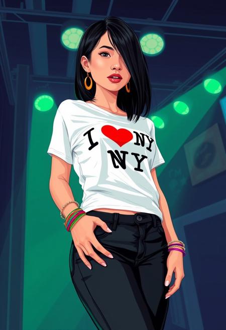 A beautiful indonesian-maori woman in her 20s with straight black shoulder-length hair, wearing a white "I <3 NY" t-shirt, pulled up to reveal her bare, toned midriff, and tight black denim jeans. Golden earrings, colorful bangles. She looks cool, effortless, beautiful. She is posing, one hand on her stomach, with a seductive, sexy expression. Hip at an angle, back arched, high heels. Dynamic angle slightly from below. In a grungy nightclub with green spotlights.
flat illustration, neon colors, dreamlike